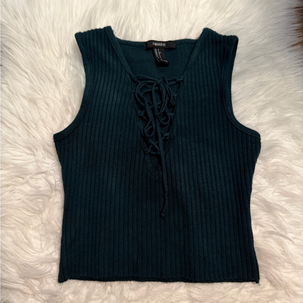 Dark Green Ribbed Sweater Lace-Up Crop Top